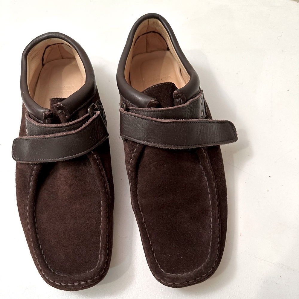 PATRICA GREEN brown suede loafers with velcro closing on strap.